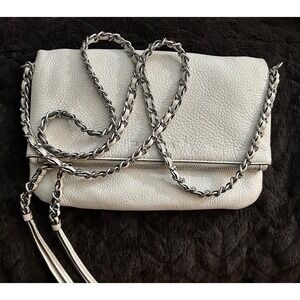 Michael Kors White Pebbled Leather  cross body clutch Bag Silver Tones Chain *rd